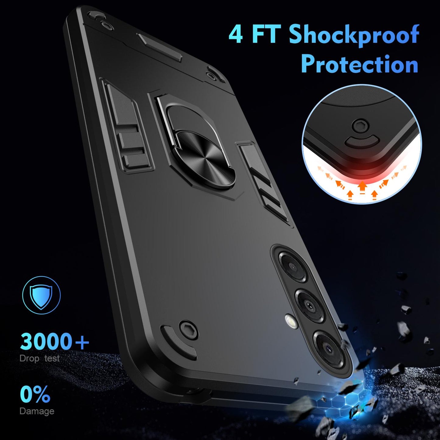 Samsung Galaxy A17 5G Shockproof Metal Ring Holder Phone Case with 360 degrees Rotating Kickstand, Ultra Slim Protective Cover, Raised Camera Guard, PC Silicone Armour Shell, Anti-Scratch Back & Edge Protection