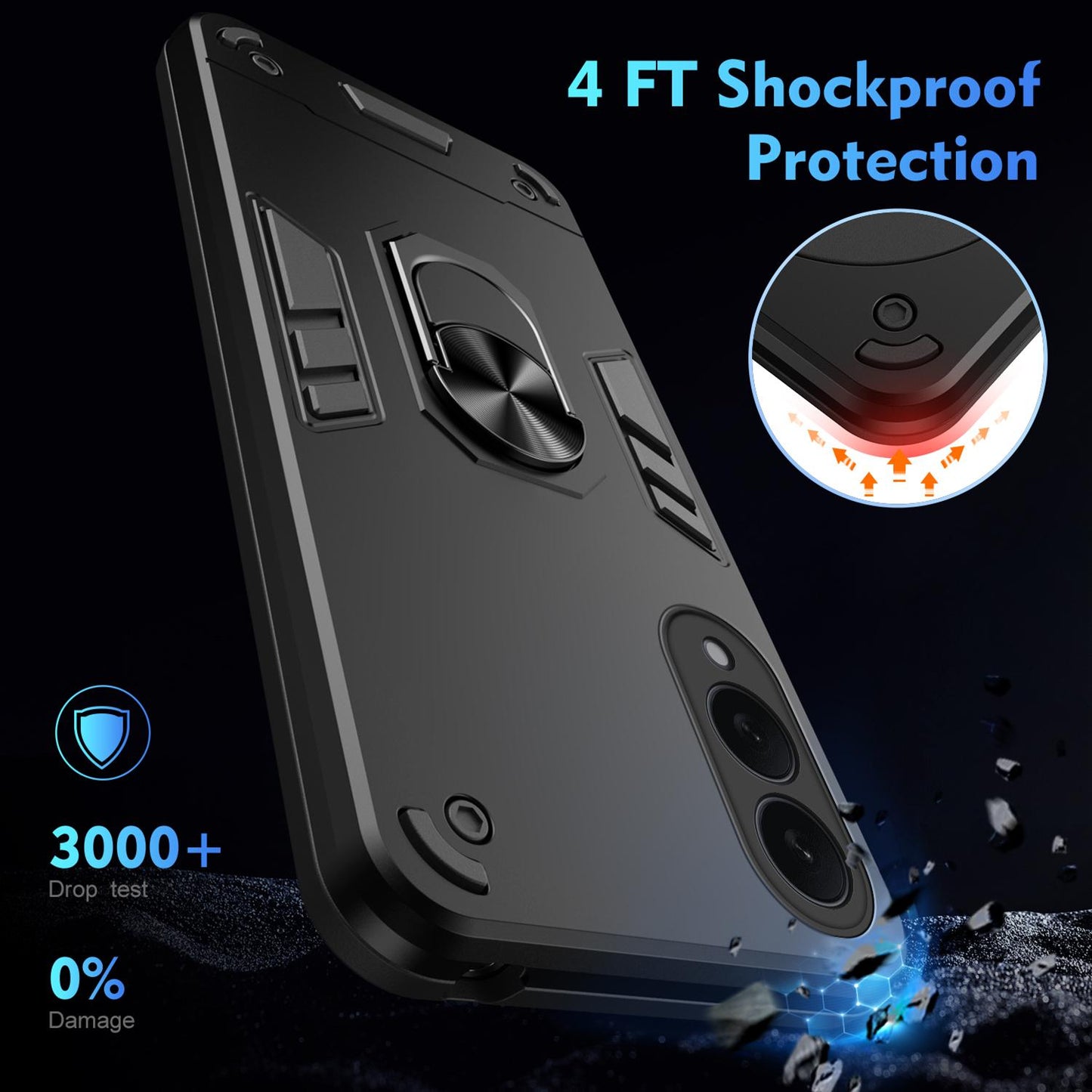 Samsung Galaxy S25 Edge 5G Shockproof Metal Ring Holder Phone Case with 360 degrees Rotating Kickstand, Ultra Slim Protective Cover, Raised Camera Guard, PC Silicone Armour Shell, Anti-Scratch Back & Edge Protection