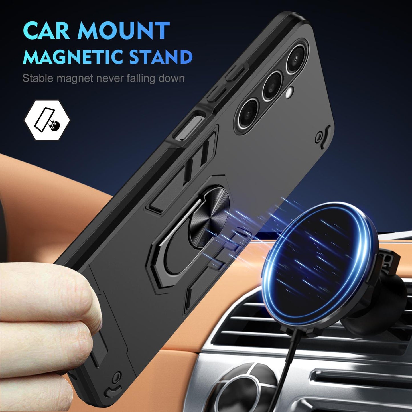Samsung Galaxy S25 FE 5G Shockproof Metal Ring Holder Phone Case with 360 degrees Rotating Kickstand, Ultra Slim Protective Cover, Raised Camera Guard, PC Silicone Armour Shell, Anti-Scratch Back & Edge Protection