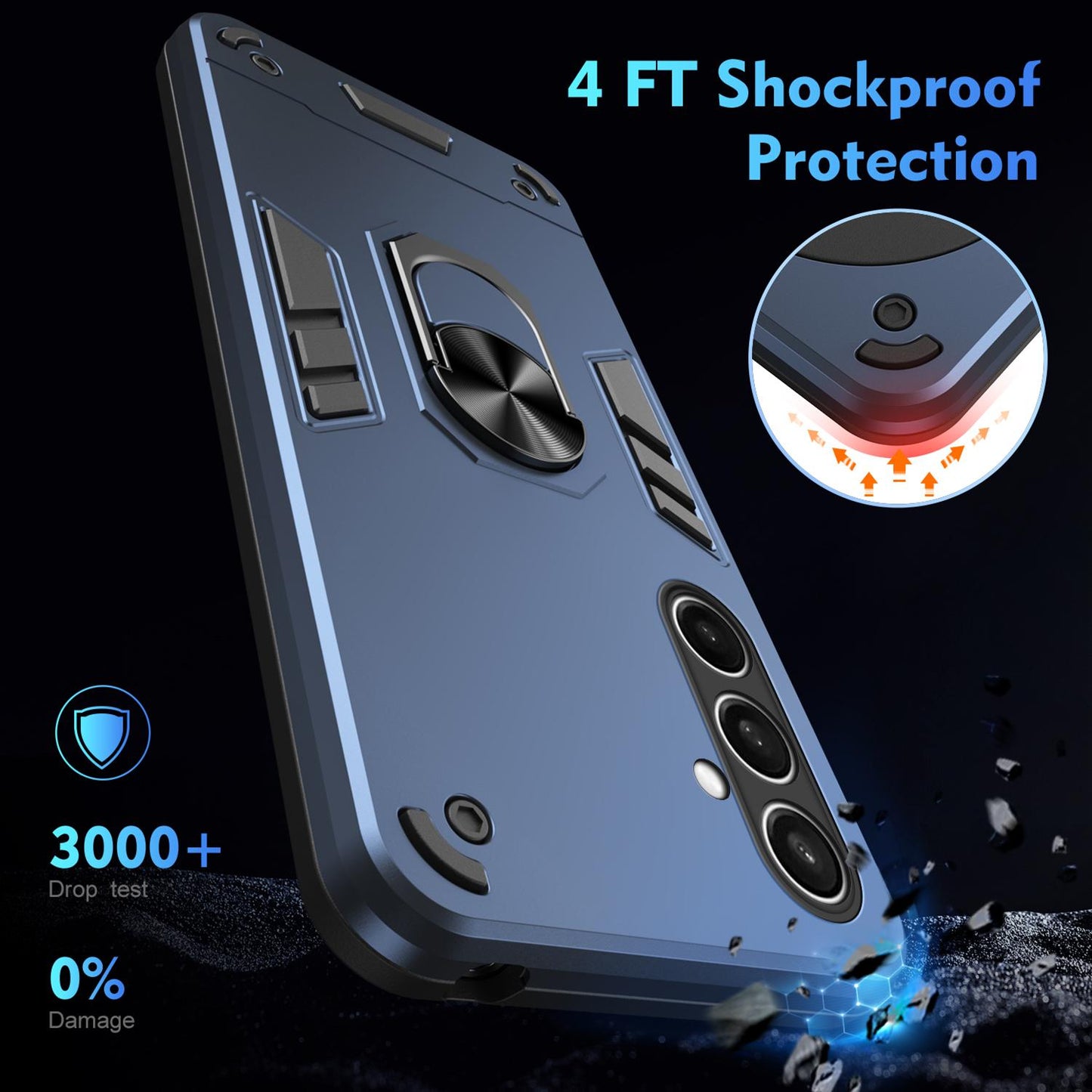 Samsung Galaxy S25 FE 5G Shockproof Metal Ring Holder Phone Case with 360 degrees Rotating Kickstand, Ultra Slim Protective Cover, Raised Camera Guard, PC Silicone Armour Shell, Anti-Scratch Back & Edge Protection