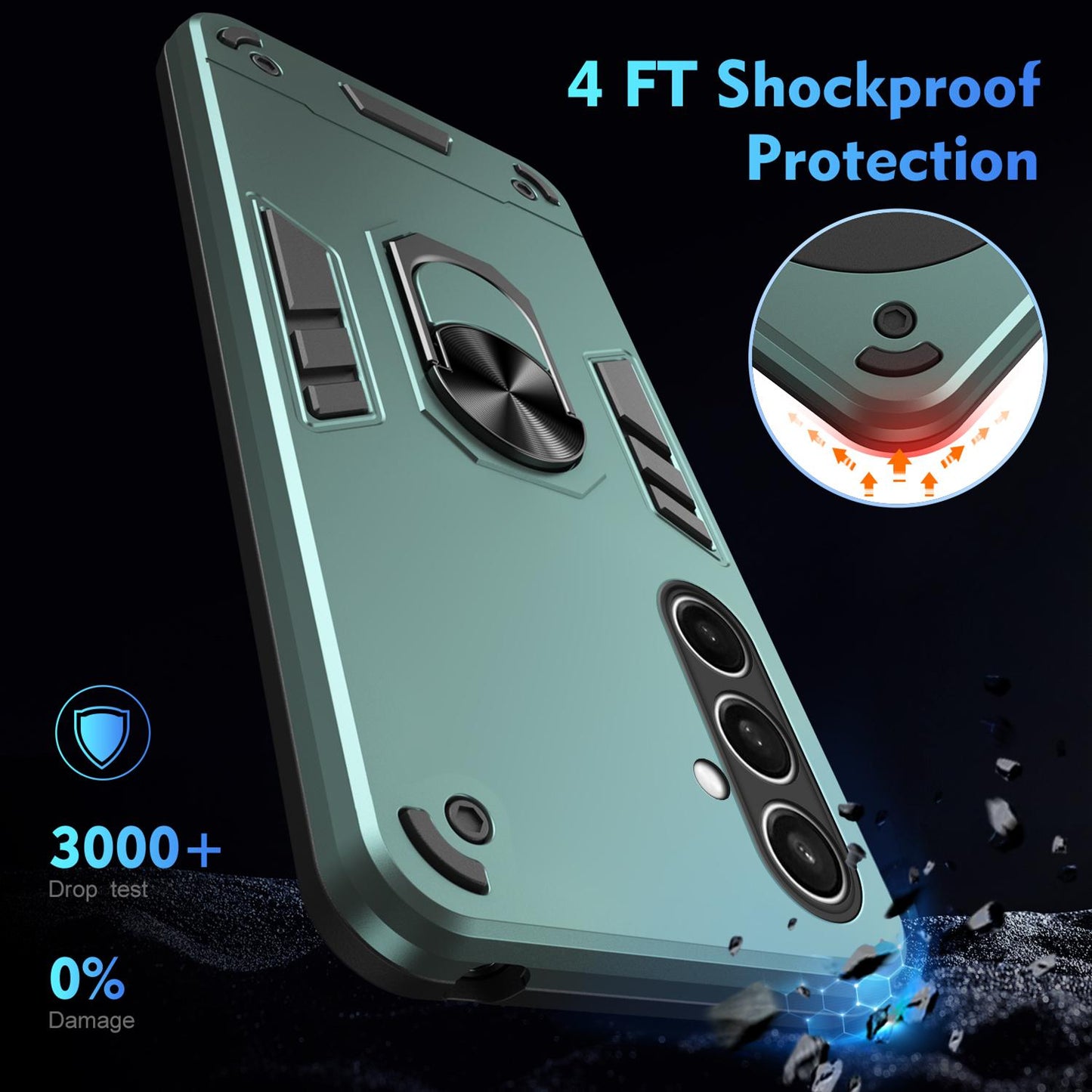 Samsung Galaxy S25 FE 5G Shockproof Metal Ring Holder Phone Case with 360 degrees Rotating Kickstand, Ultra Slim Protective Cover, Raised Camera Guard, PC Silicone Armour Shell, Anti-Scratch Back & Edge Protection