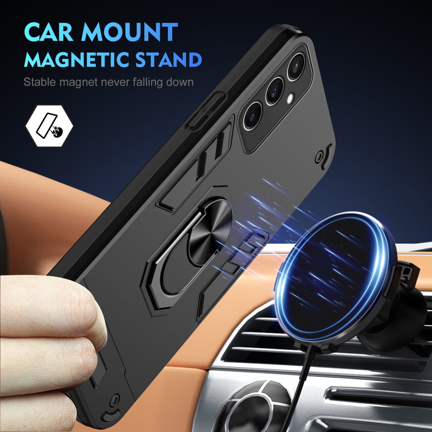 Samsung Galaxy S24 FE 5G Shockproof Metal Ring Holder Phone Case with 360 degrees Rotating Kickstand, Ultra Slim Protective Cover, Raised Camera Guard, PC Silicone Armour Shell, Anti-Scratch Back & Edge Protection
