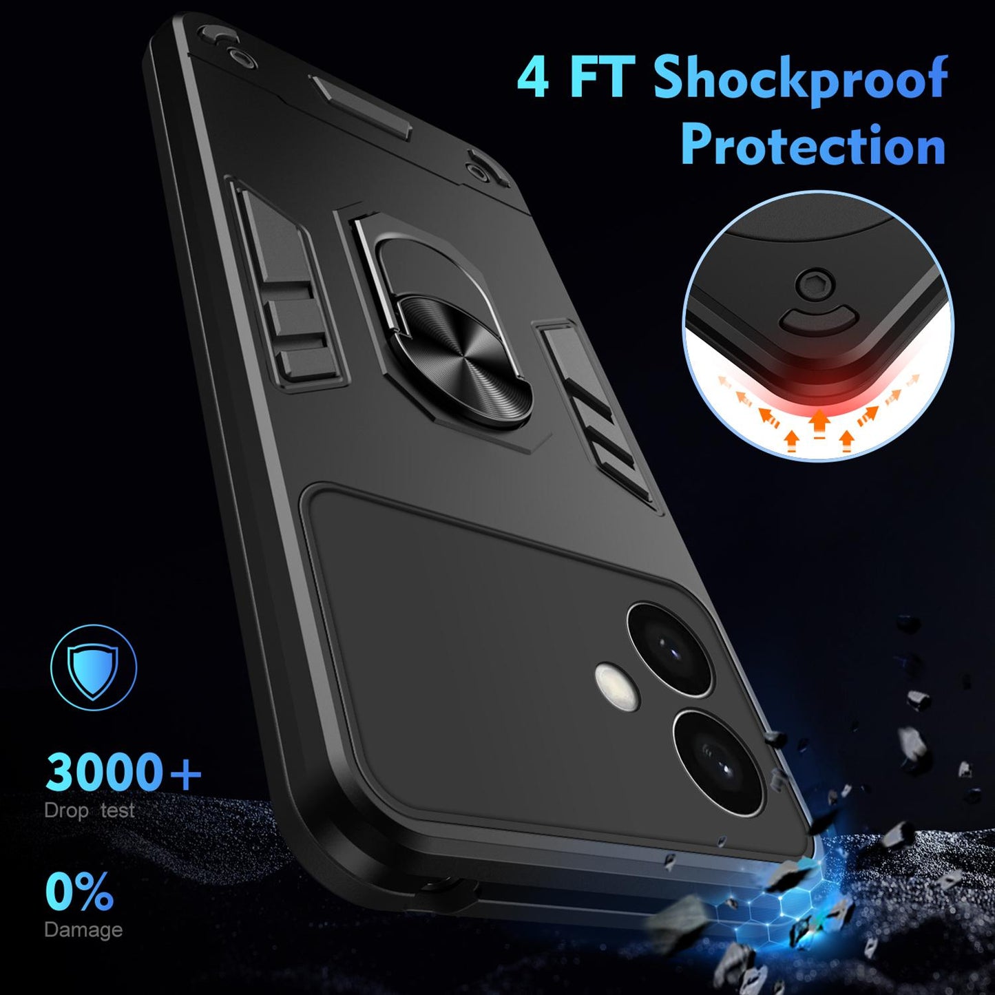 Samsung Galaxy S26+ 5G Shockproof Metal Ring Holder Phone Case with 360 degrees Rotating Kickstand, Ultra Slim Protective Cover, Raised Camera Guard, PC Silicone Armour Shell, Anti-Scratch Back & Edge Protection