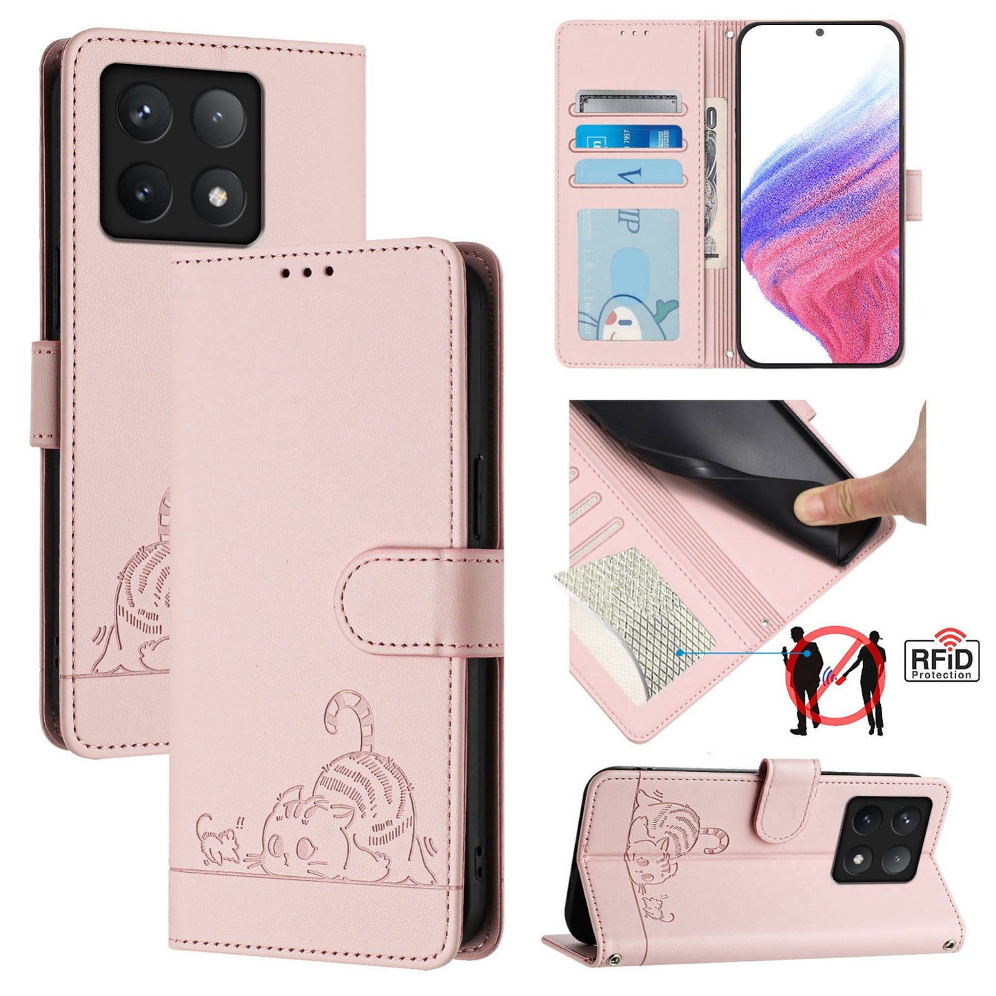 Xiaomi 14T Cat & Rat Embossed RFID Leather Case, Lanyard, Wallet, Card Slots, Kickstand, Anti-Fall, Scratch-Resistant
