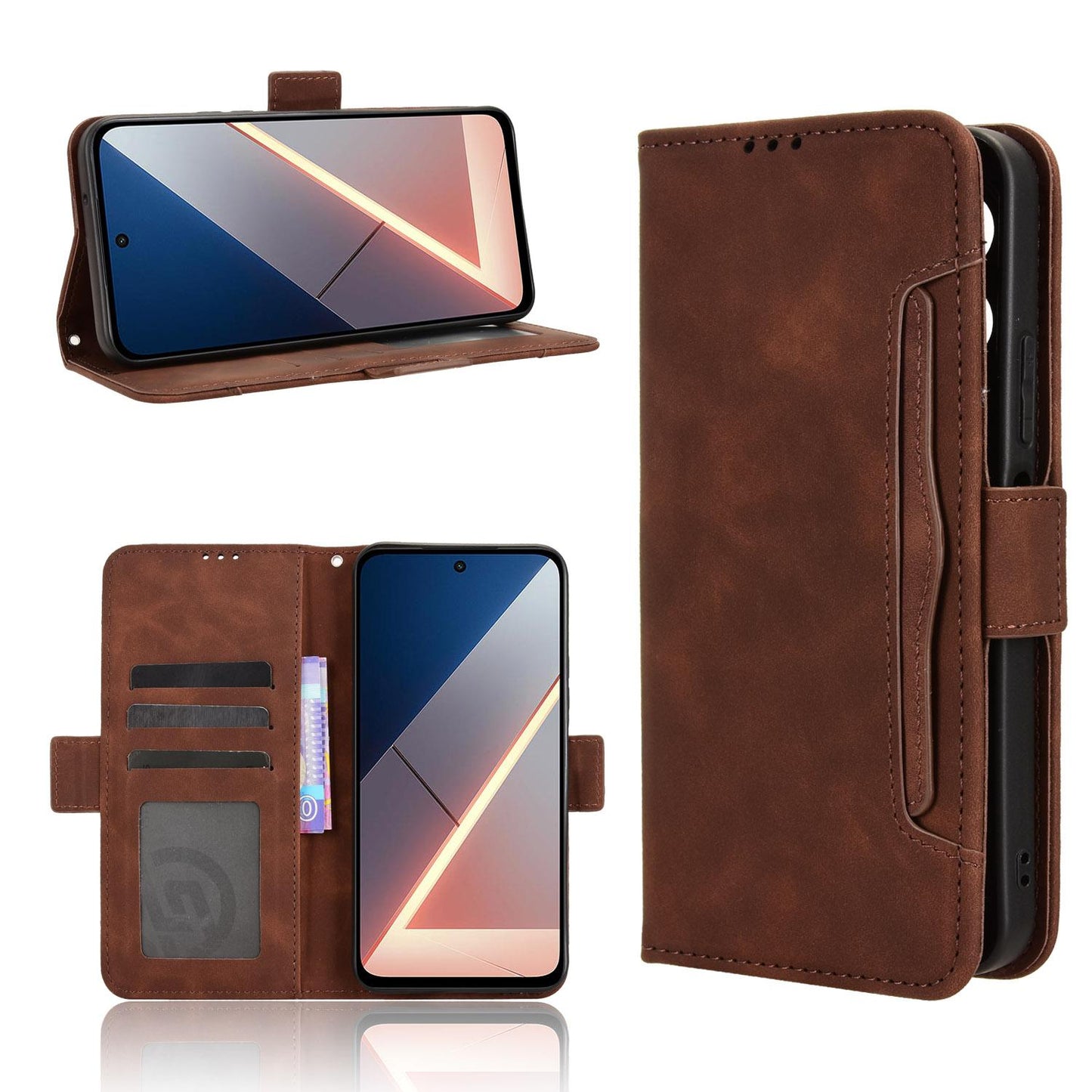 Xiaomi Poco M7 4G 169mm Skin Feel PU Leather Wallet Phone Case with Card Slots, Cash Pocket, Magnetic Closure, Built-In Stand, Full Protection TPU Cover