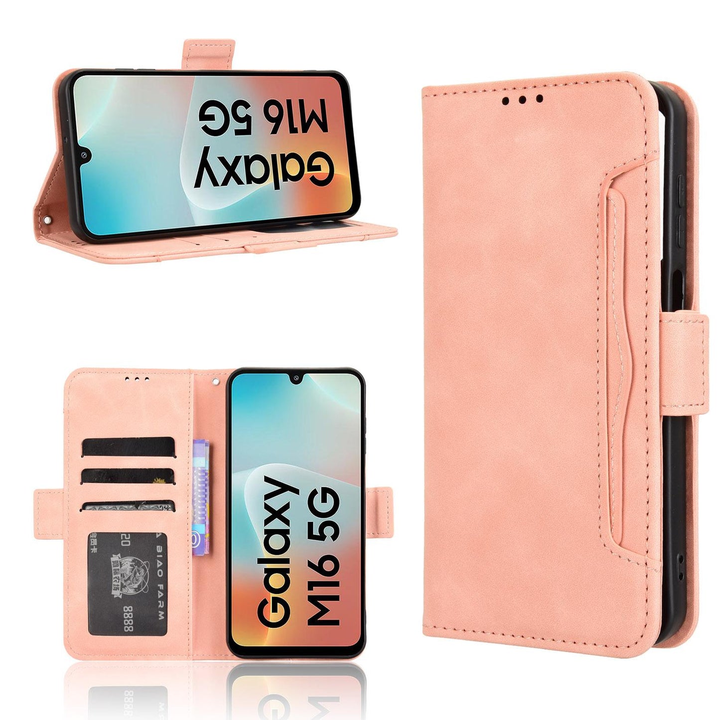 Samsung Galaxy M16 5G Skin Feel PU Leather Wallet Phone Case with Card Slots, Cash Pocket, Magnetic Closure, Built-In Stand, Full Protection TPU Cover