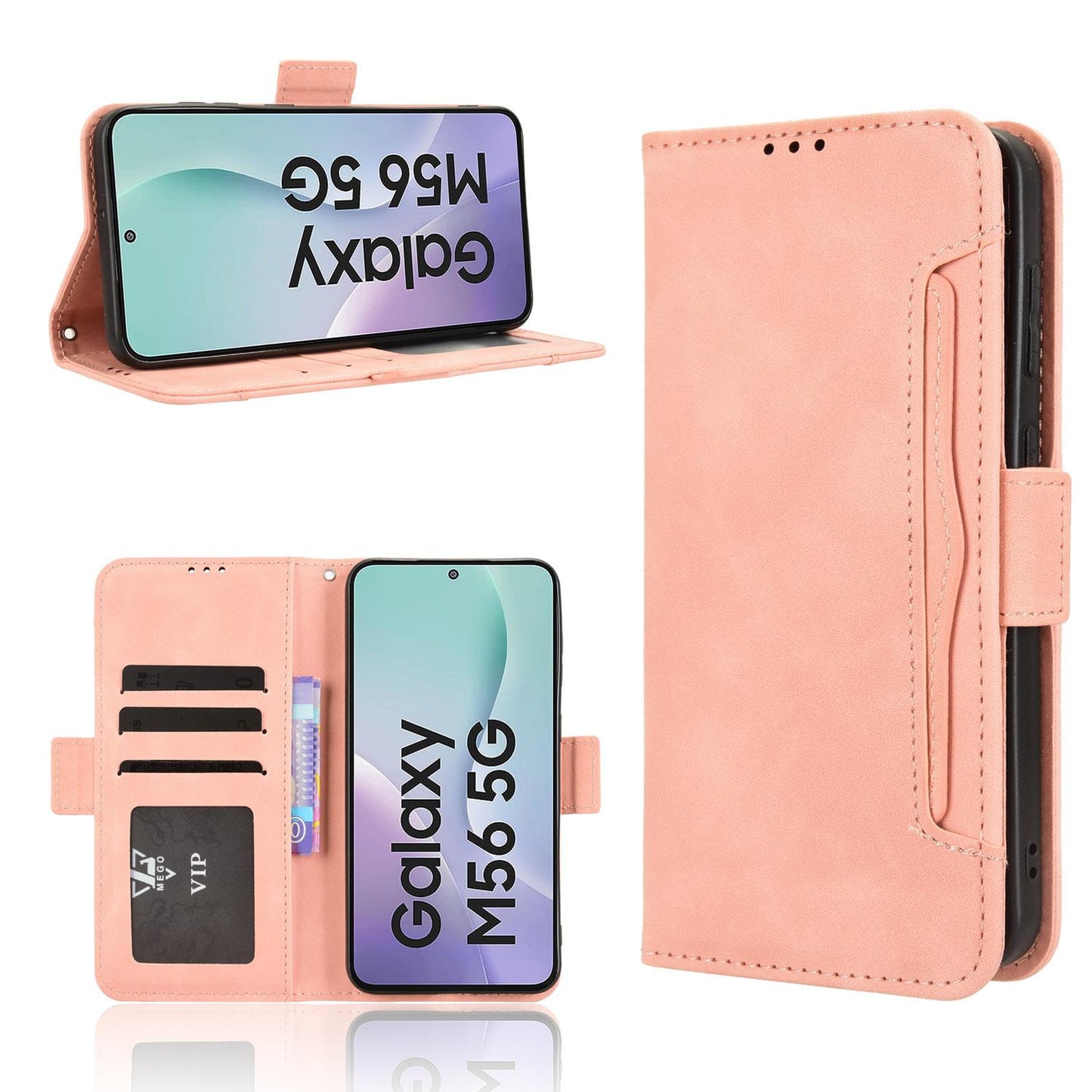Samsung Galaxy M56 5G Skin Feel PU Leather Wallet Phone Case with Card Slots, Cash Pocket, Magnetic Closure, Built-In Stand, Full Protection TPU Cover