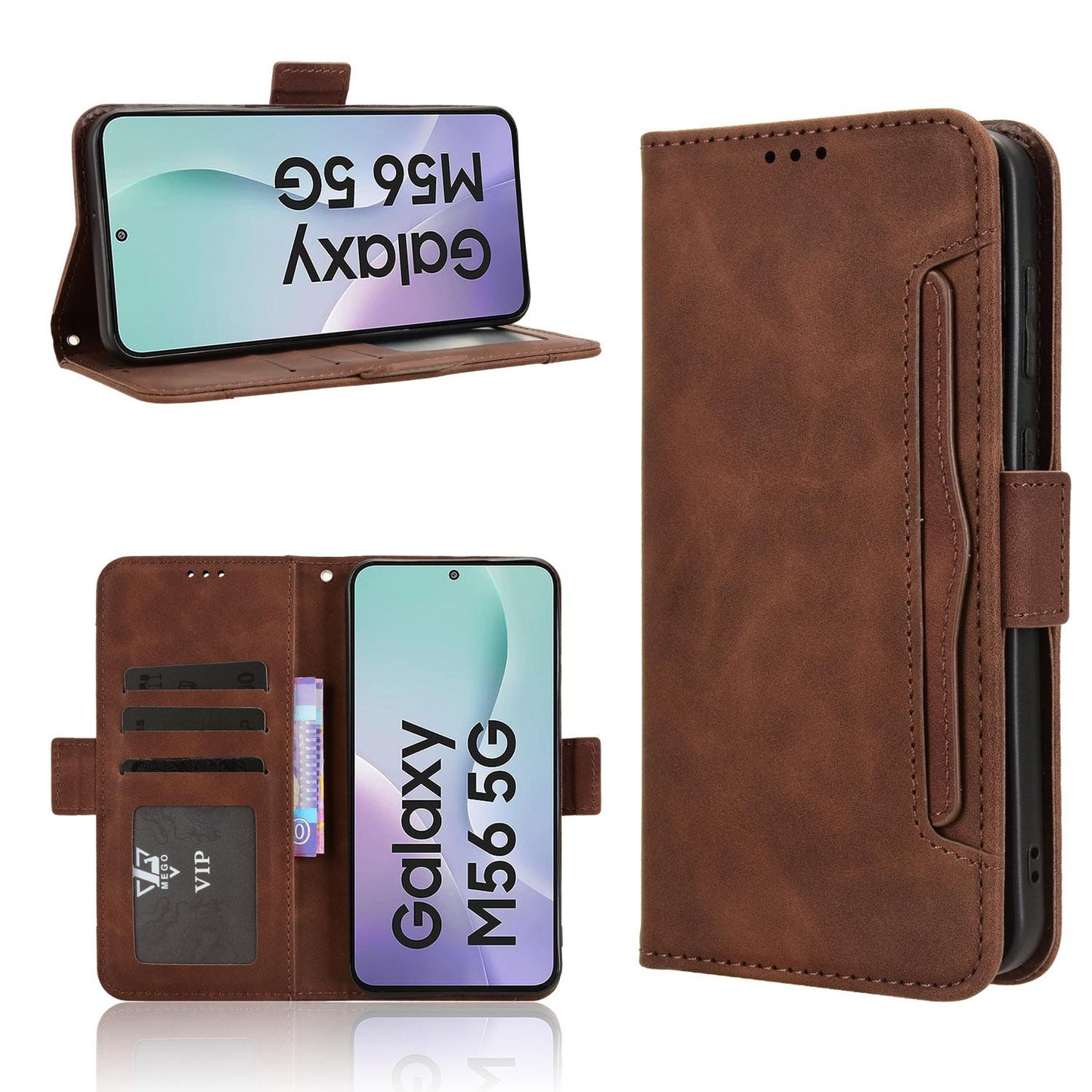Samsung Galaxy M56 5G Skin Feel PU Leather Wallet Phone Case with Card Slots, Cash Pocket, Magnetic Closure, Built-In Stand, Full Protection TPU Cover