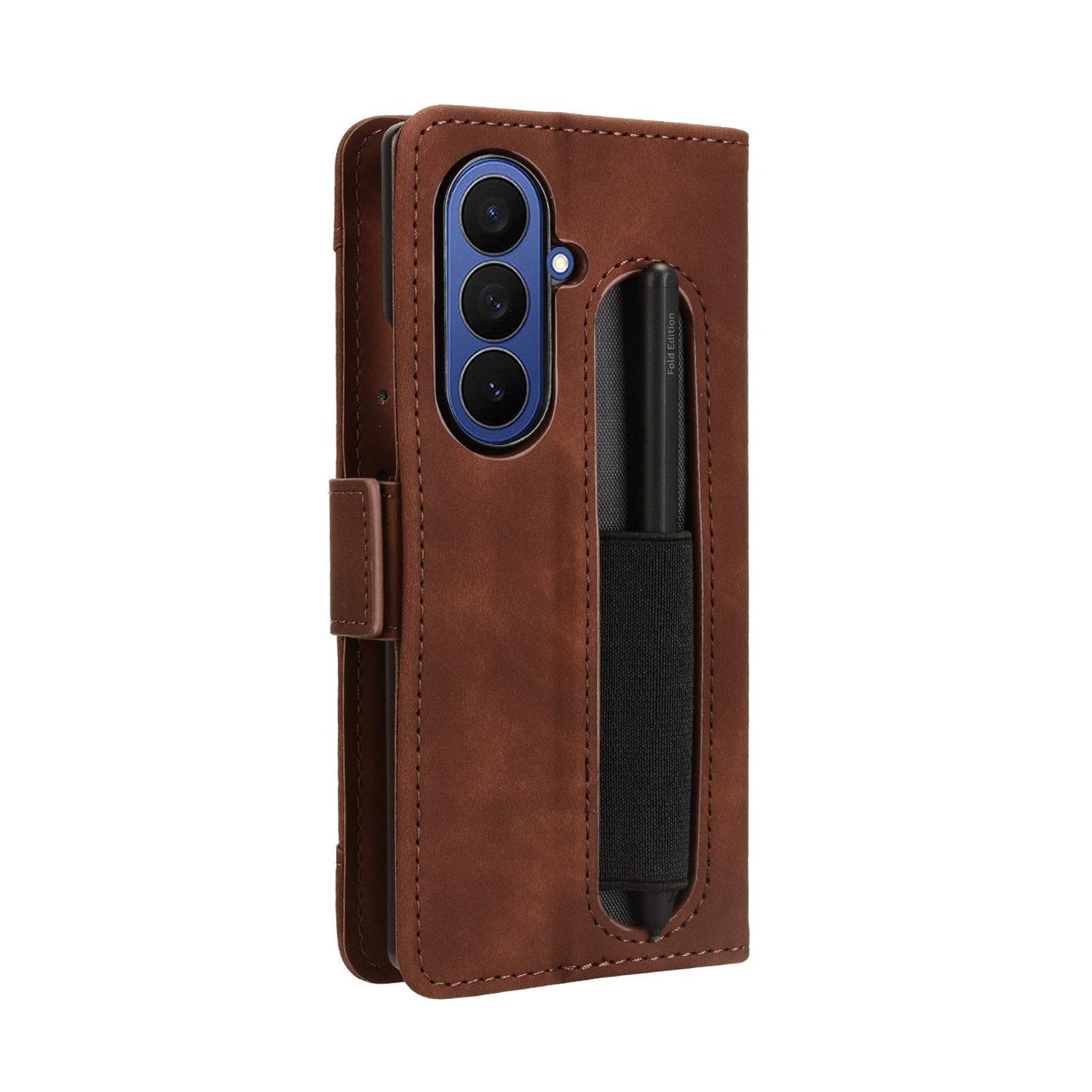 Samsung Galaxy Z Fold7 - Pen Slot Skin Feel PU Leather Wallet Phone Case with Card Slots, Cash Pocket, Magnetic Closure, Built-In Stand, Full Protection TPU Cover