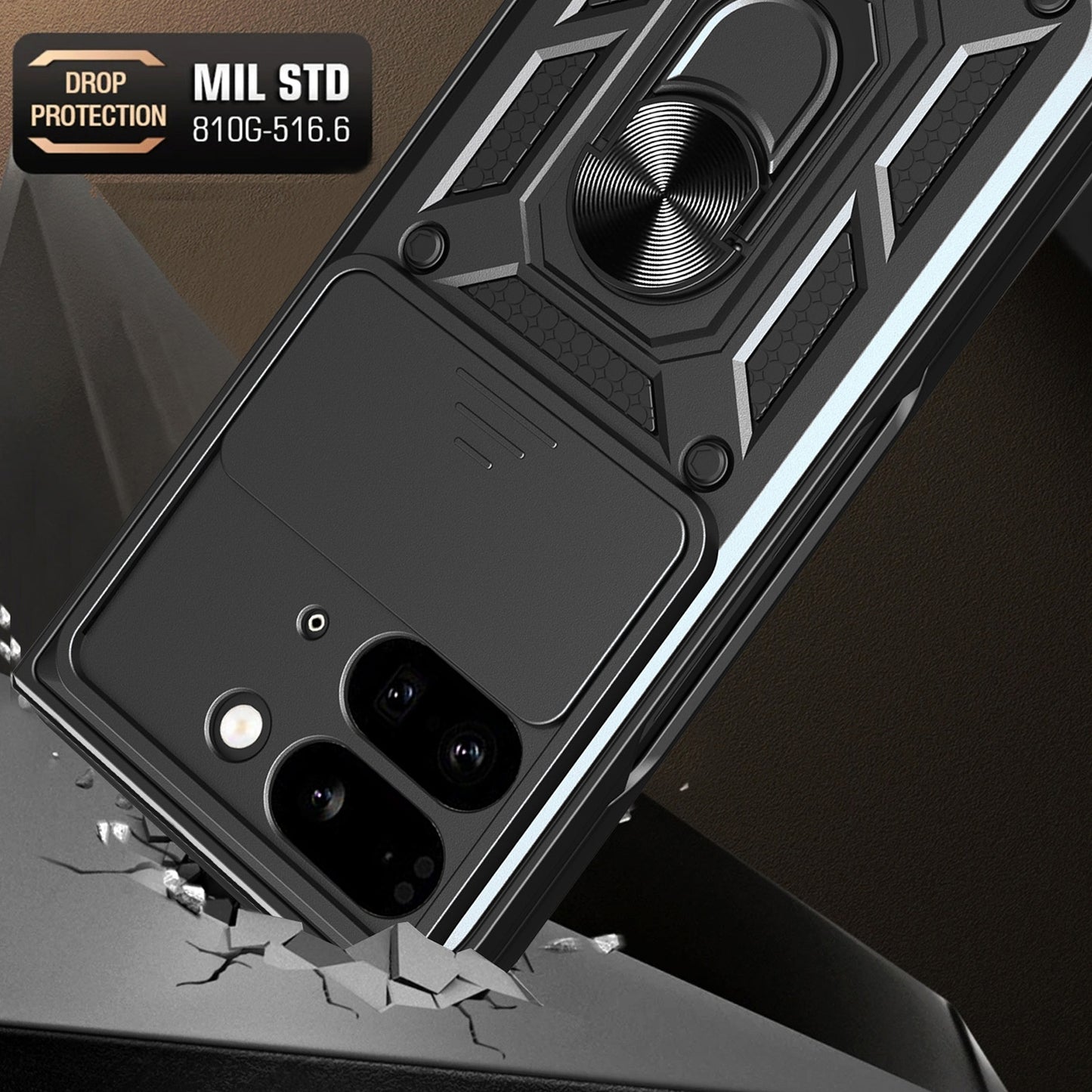 Google Pixel 9 Pro Fold Sliding Camera Cover Magnetic Ring Stand Shockproof TPU + PC Protective Phone Case