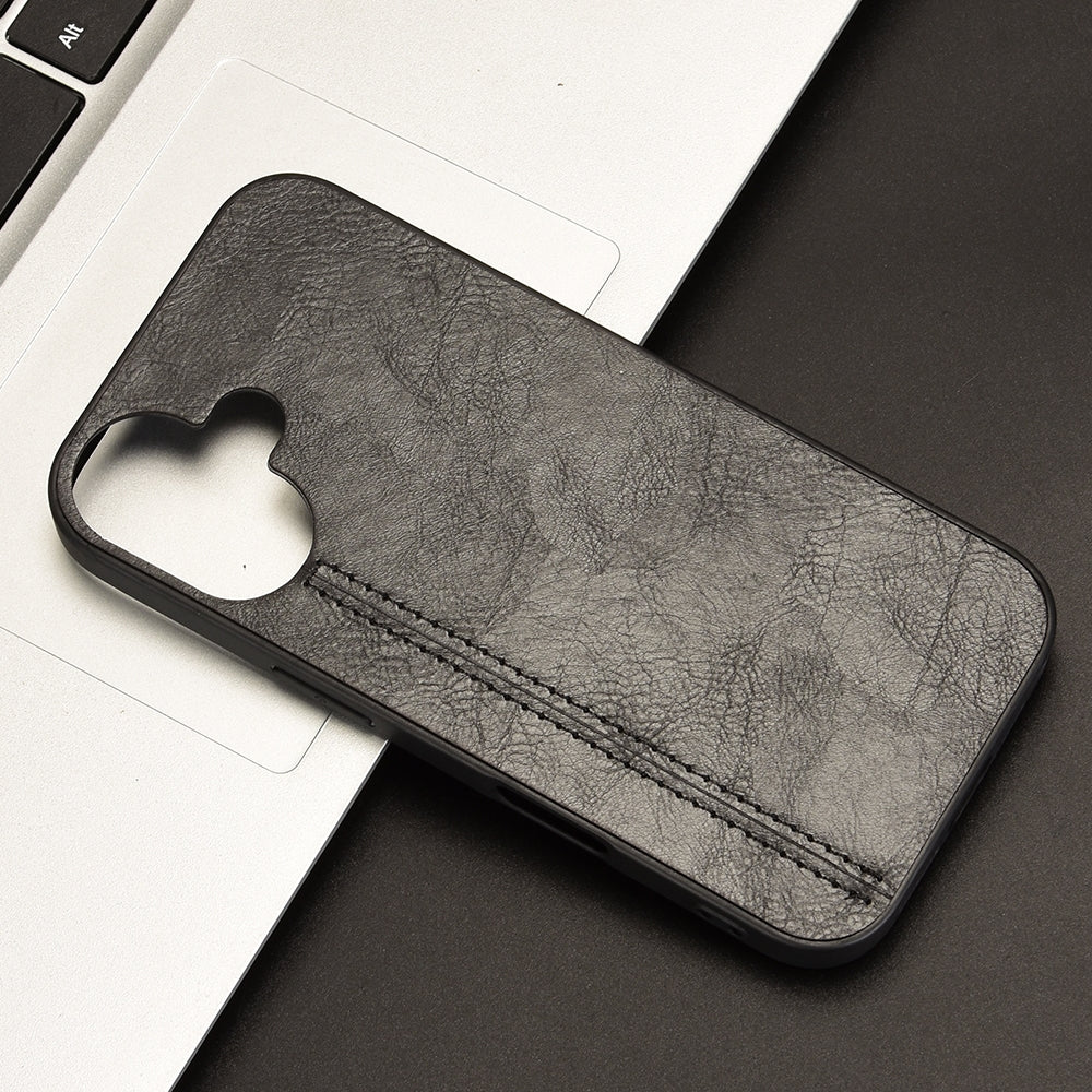 Apple iPhone 16 Cow Pattern Sewing Back Cover Phone Case - Premium PU Leather Texture PC + TPU Shockproof Protective Case, Scratch Resistant Slim Lightweight Anti-Fingerprint Full Coverage Mobile Cover
