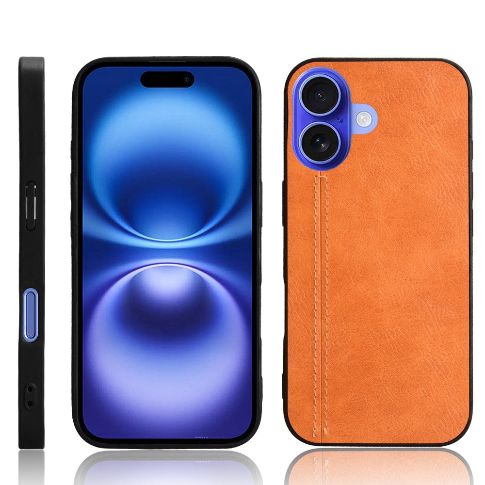 Apple iPhone 16 Cow Pattern Sewing Back Cover Phone Case - Premium PU Leather Texture PC + TPU Shockproof Protective Case, Scratch Resistant Slim Lightweight Anti-Fingerprint Full Coverage Mobile Cover