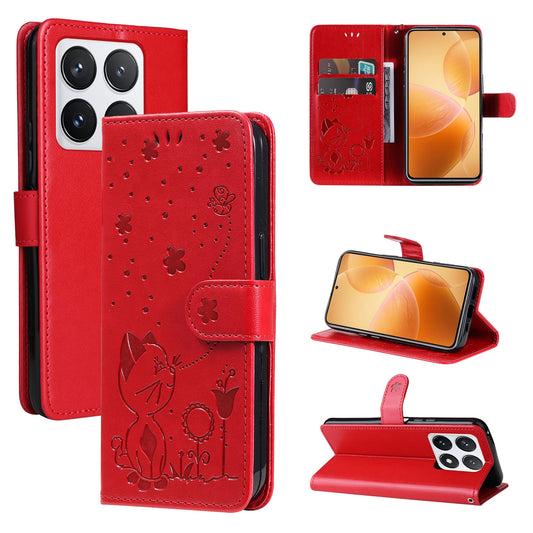 For Xiaomi 14T Pro Cat and Bee Embossed Flip Leather Phone Case Wallet Cover with Card Slots Cash Pocket Magnetic Stand Protective Shockproof TPU PU Leather Case with Wrist Strap