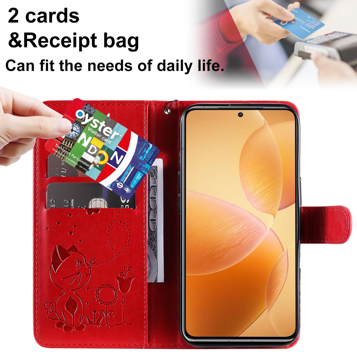For Xiaomi 14T Pro Cat and Bee Embossed Flip Leather Phone Case Wallet Cover with Card Slots Cash Pocket Magnetic Stand Protective Shockproof TPU PU Leather Case with Wrist Strap