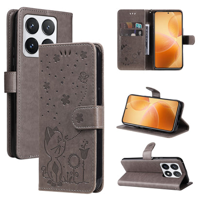 For Xiaomi 14T Pro Cat and Bee Embossed Flip Leather Phone Case Wallet Cover with Card Slots Cash Pocket Magnetic Stand Protective Shockproof TPU PU Leather Case with Wrist Strap