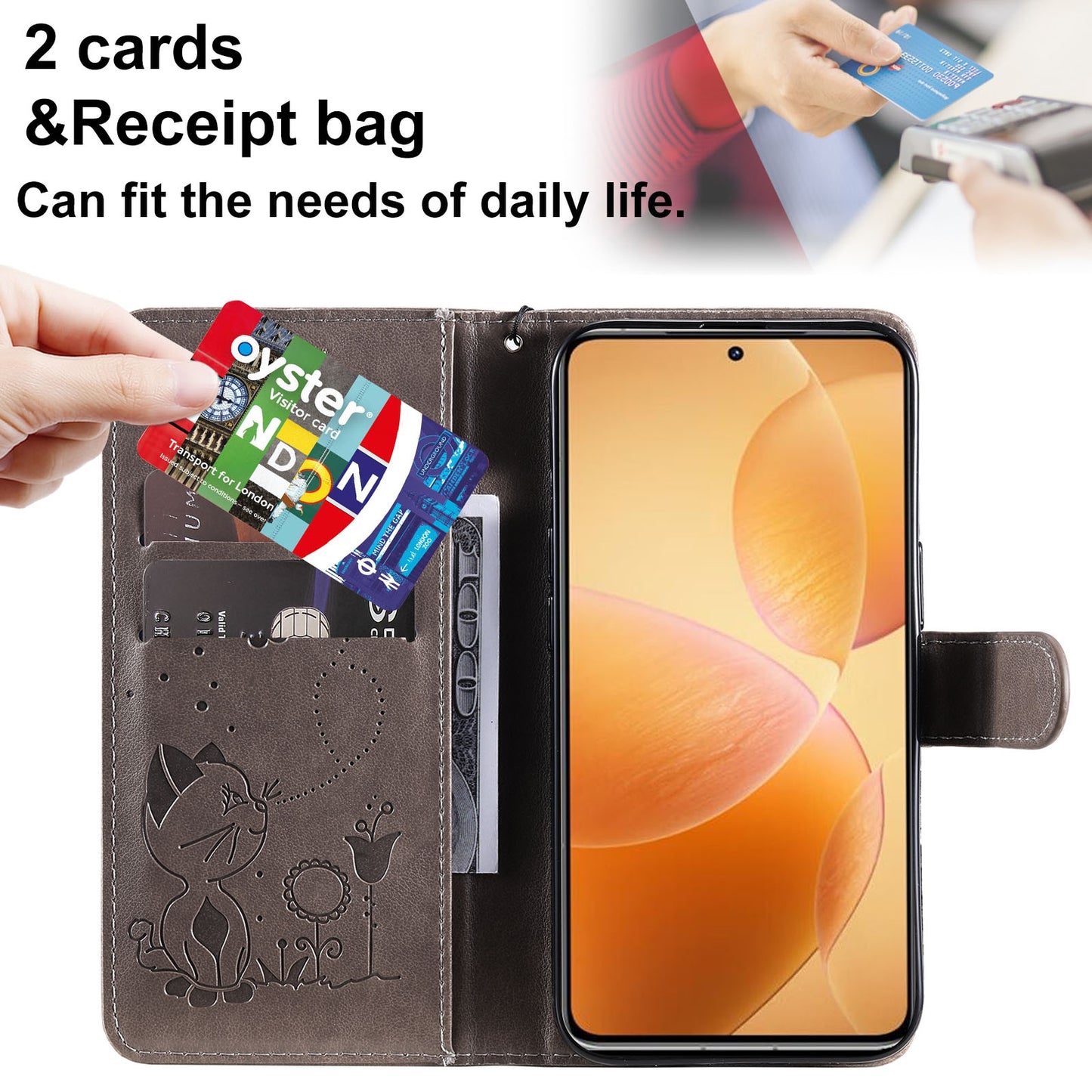 For Xiaomi 14T Pro Cat and Bee Embossed Flip Leather Phone Case Wallet Cover with Card Slots Cash Pocket Magnetic Stand Protective Shockproof TPU PU Leather Case with Wrist Strap