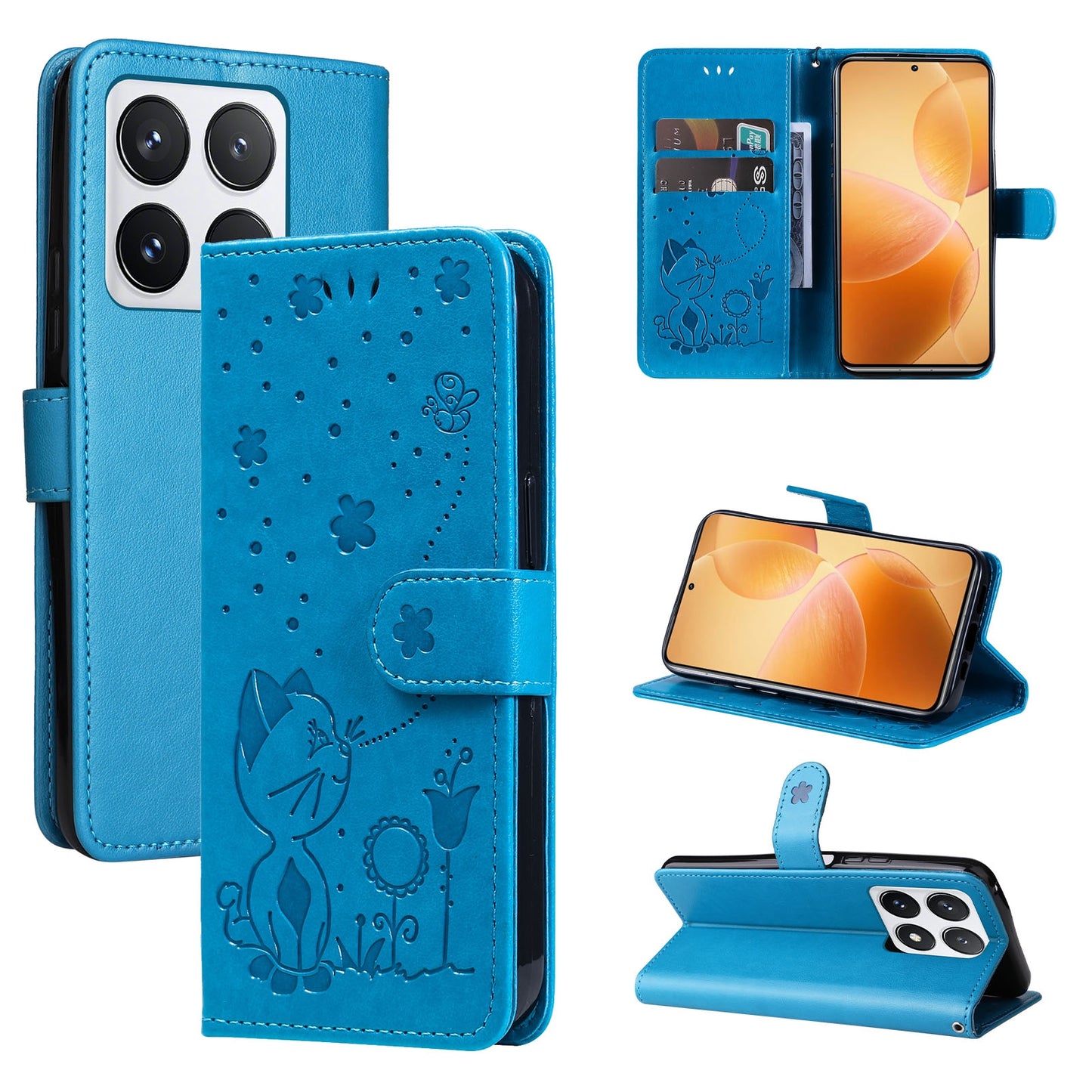 For Xiaomi 14T Pro Cat and Bee Embossed Flip Leather Phone Case Wallet Cover with Card Slots Cash Pocket Magnetic Stand Protective Shockproof TPU PU Leather Case with Wrist Strap
