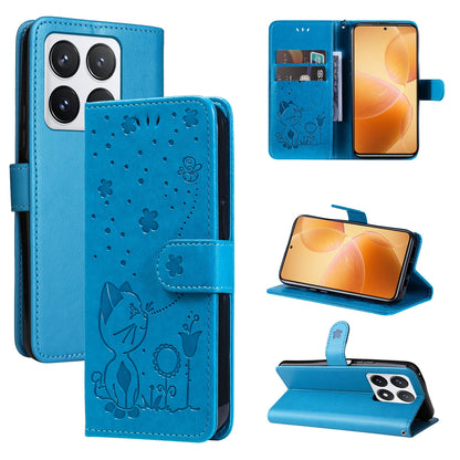 For Xiaomi 14T Pro Cat and Bee Embossed Flip Leather Phone Case Wallet Cover with Card Slots Cash Pocket Magnetic Stand Protective Shockproof TPU PU Leather Case with Wrist Strap