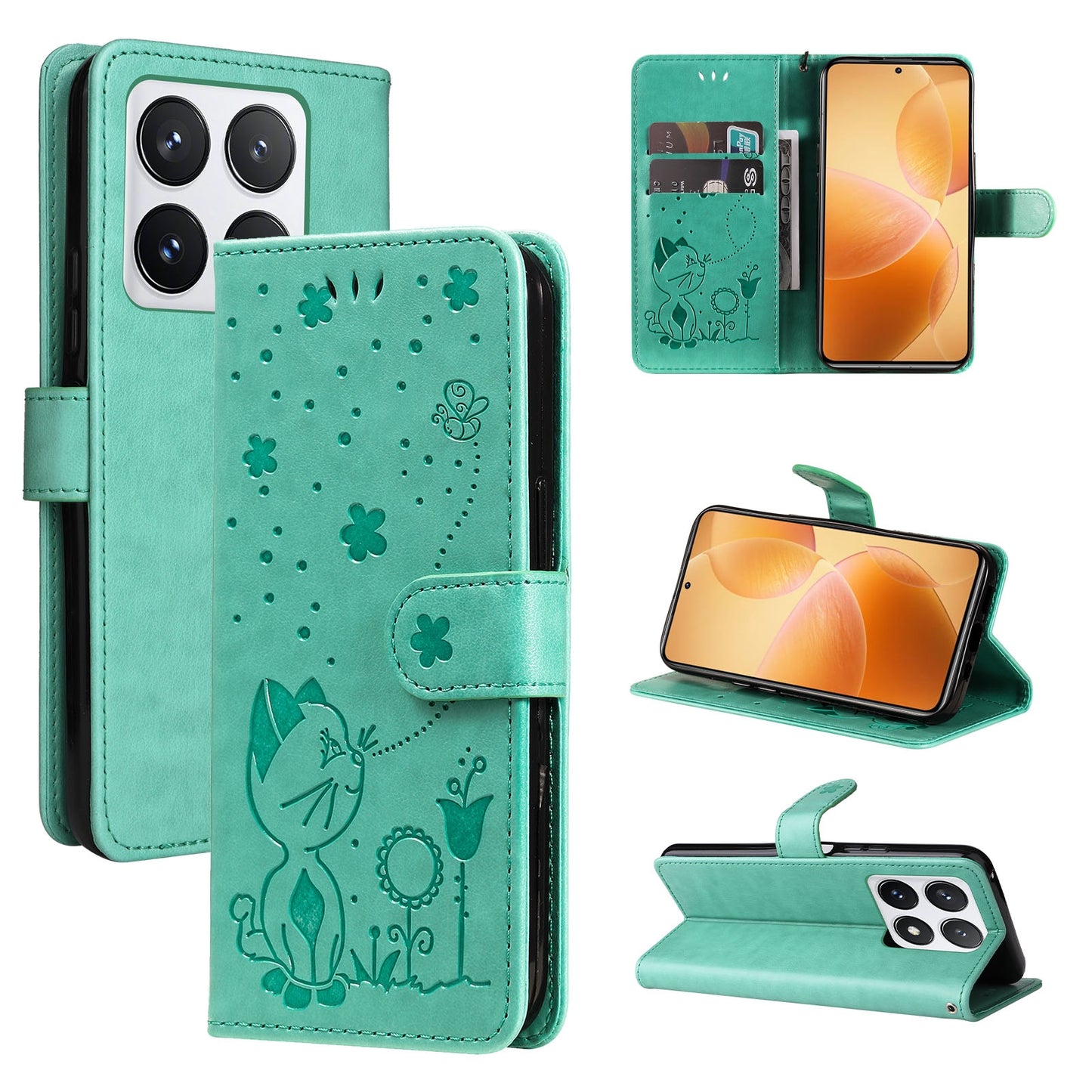 For Xiaomi 14T Pro Cat and Bee Embossed Flip Leather Phone Case Wallet Cover with Card Slots Cash Pocket Magnetic Stand Protective Shockproof TPU PU Leather Case with Wrist Strap