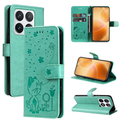 For Xiaomi 14T Pro Cat and Bee Embossed Flip Leather Phone Case Wallet Cover with Card Slots Cash Pocket Magnetic Stand Protective Shockproof TPU PU Leather Case with Wrist Strap