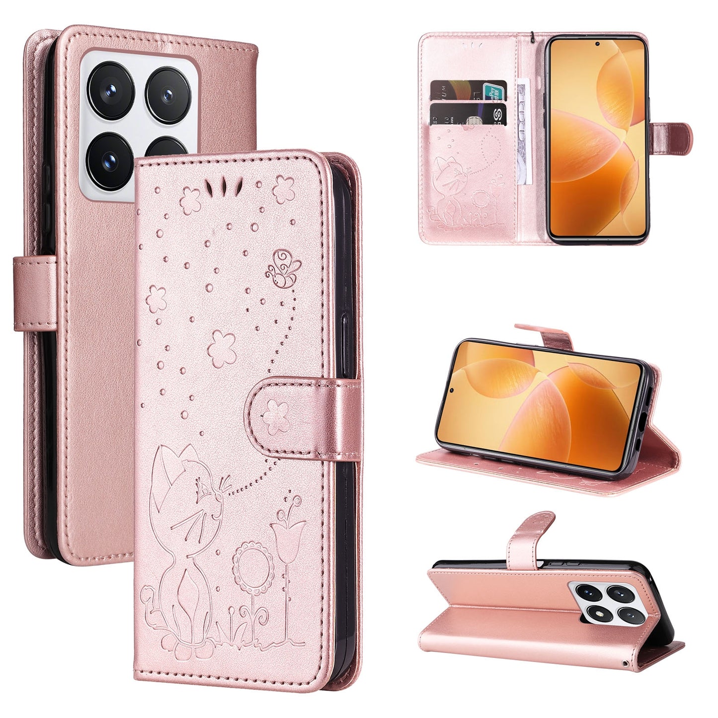 For Xiaomi 14T Pro Cat and Bee Embossed Flip Leather Phone Case Wallet Cover with Card Slots Cash Pocket Magnetic Stand Protective Shockproof TPU PU Leather Case with Wrist Strap