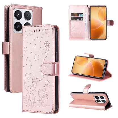 For Xiaomi 14T Pro Cat and Bee Embossed Flip Leather Phone Case Wallet Cover with Card Slots Cash Pocket Magnetic Stand Protective Shockproof TPU PU Leather Case with Wrist Strap