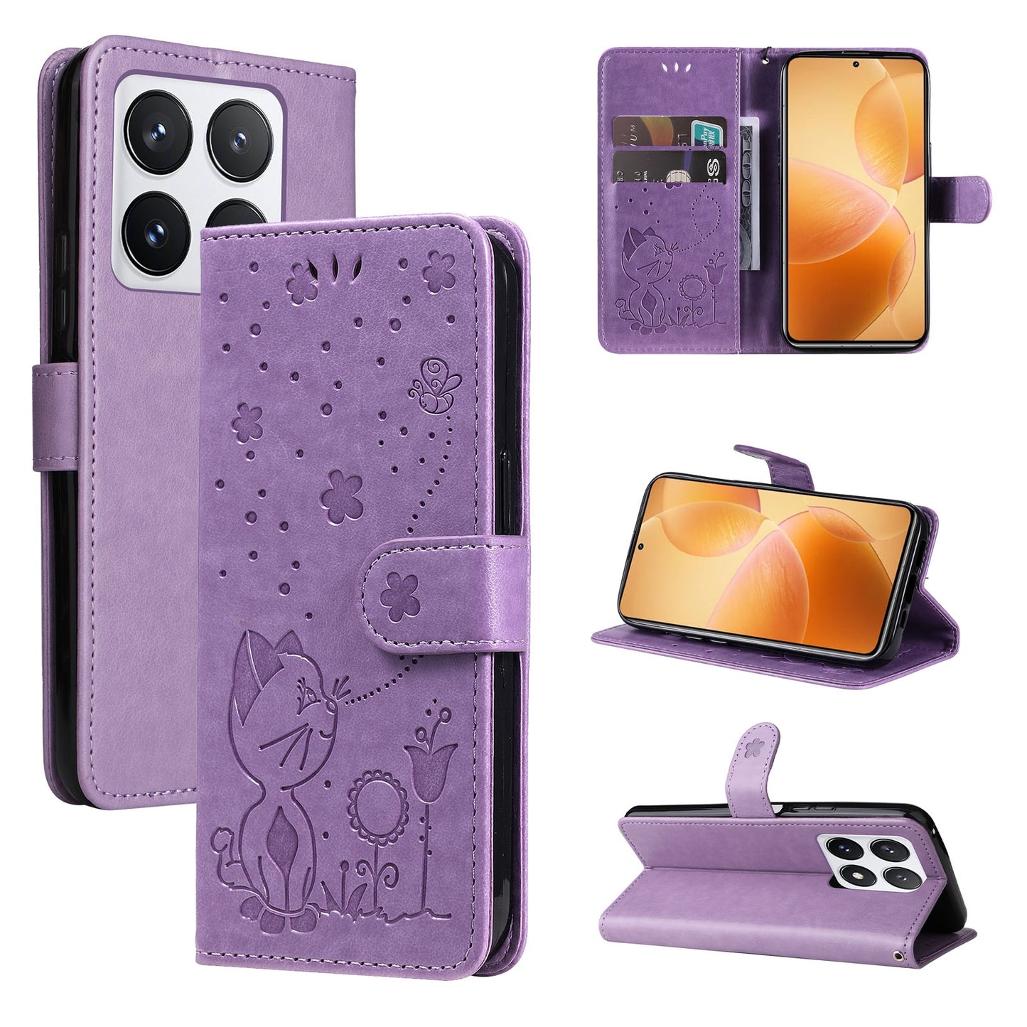 For Xiaomi 14T Pro Cat and Bee Embossed Flip Leather Phone Case Wallet Cover with Card Slots Cash Pocket Magnetic Stand Protective Shockproof TPU PU Leather Case with Wrist Strap