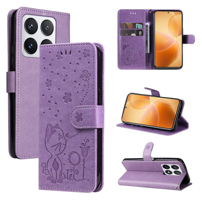 For Xiaomi 14T Pro Cat and Bee Embossed Flip Leather Phone Case Wallet Cover with Card Slots Cash Pocket Magnetic Stand Protective Shockproof TPU PU Leather Case with Wrist Strap