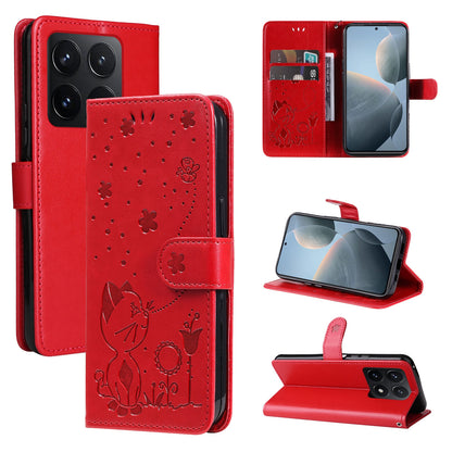 For Xiaomi 14T Cat and Bee Embossed Flip Leather Phone Case Wallet Cover with Card Slots Cash Pocket Magnetic Stand Protective Shockproof TPU PU Leather Case with Wrist Strap