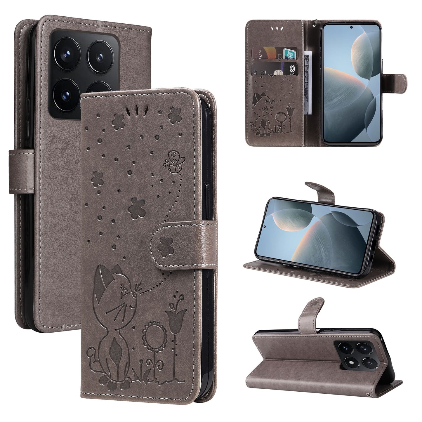 For Xiaomi 14T Cat and Bee Embossed Flip Leather Phone Case Wallet Cover with Card Slots Cash Pocket Magnetic Stand Protective Shockproof TPU PU Leather Case with Wrist Strap