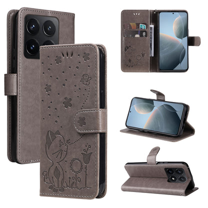For Xiaomi 14T Cat and Bee Embossed Flip Leather Phone Case Wallet Cover with Card Slots Cash Pocket Magnetic Stand Protective Shockproof TPU PU Leather Case with Wrist Strap