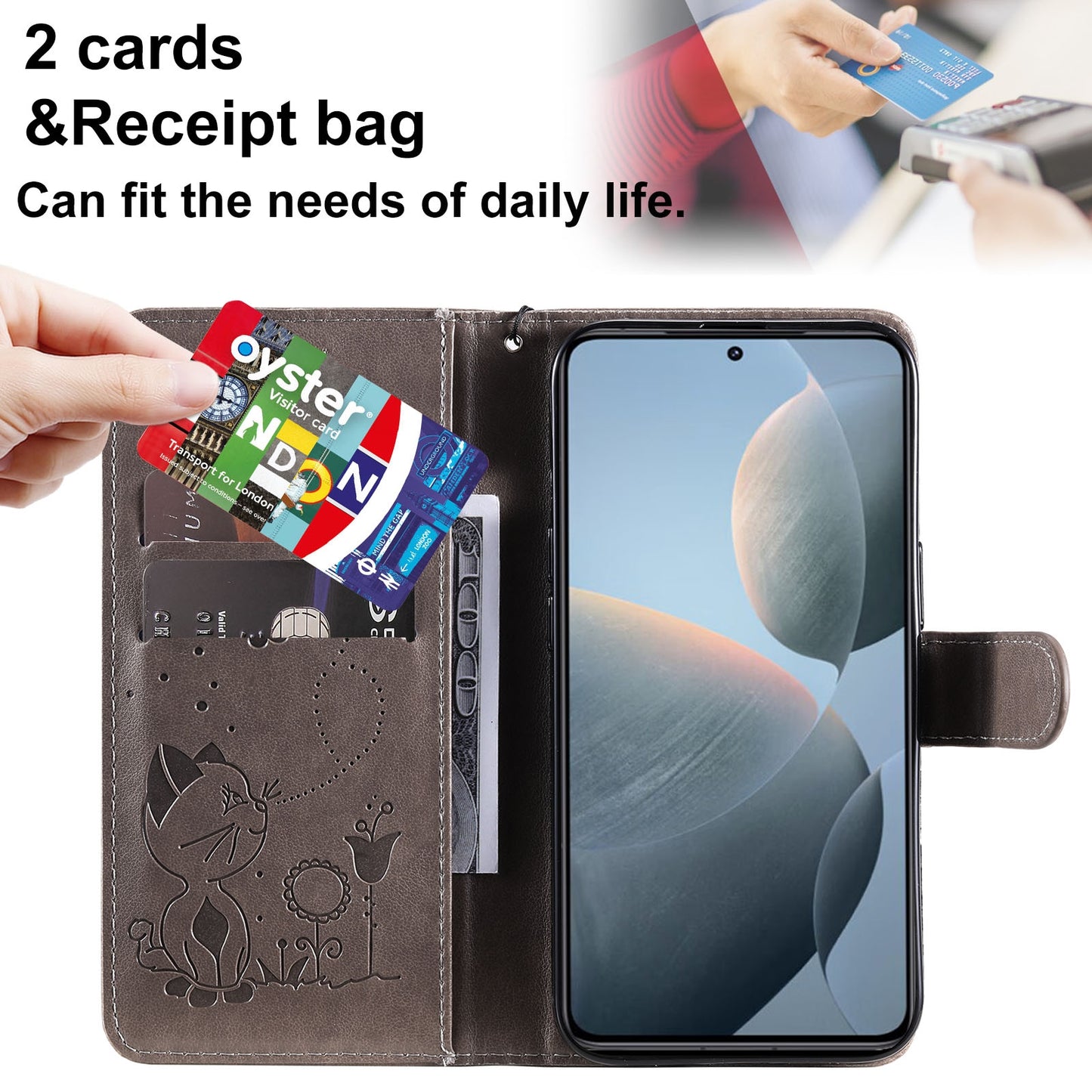 For Xiaomi 14T Cat and Bee Embossed Flip Leather Phone Case Wallet Cover with Card Slots Cash Pocket Magnetic Stand Protective Shockproof TPU PU Leather Case with Wrist Strap