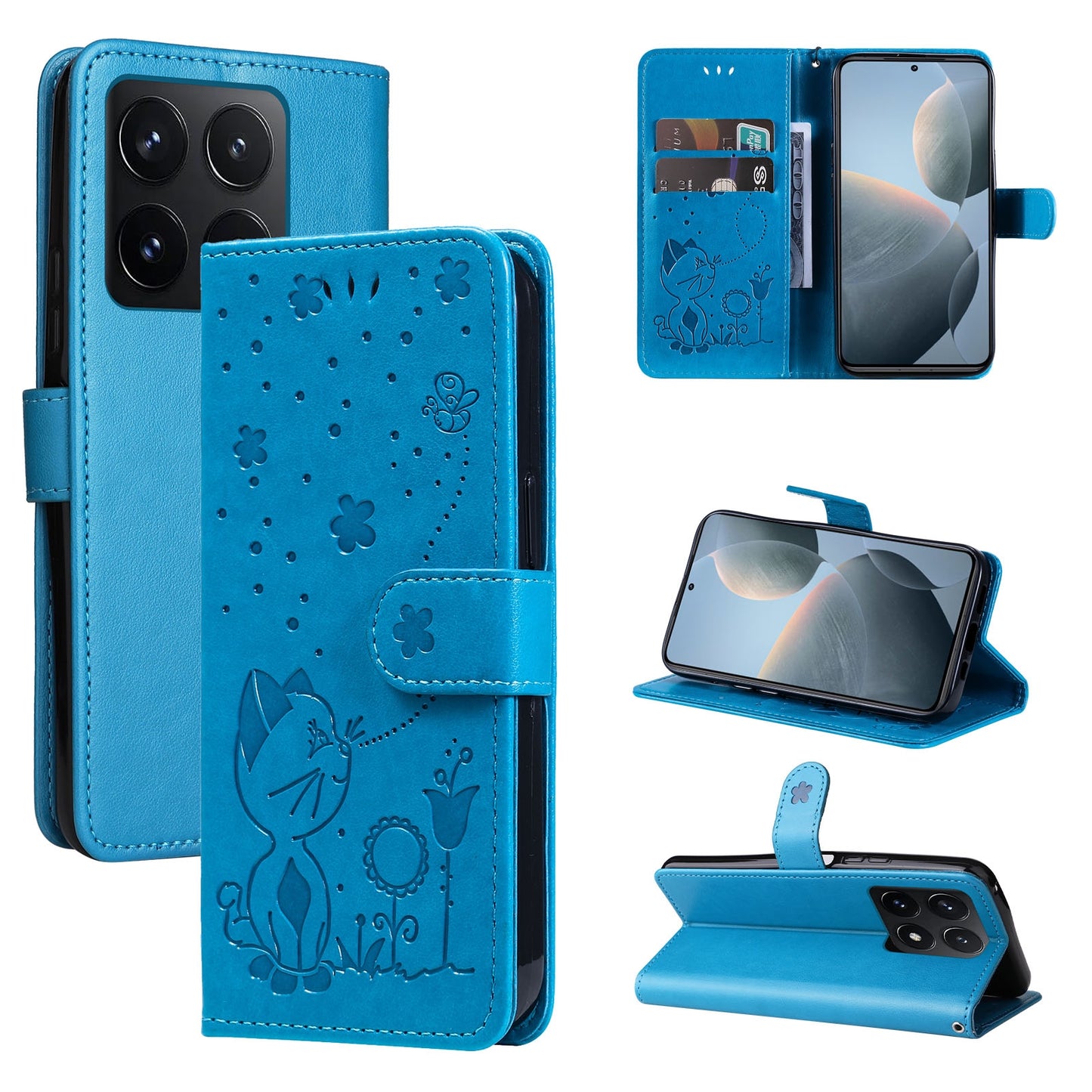 For Xiaomi 14T Cat and Bee Embossed Flip Leather Phone Case Wallet Cover with Card Slots Cash Pocket Magnetic Stand Protective Shockproof TPU PU Leather Case with Wrist Strap