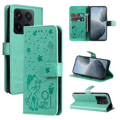 For Xiaomi 14T Cat and Bee Embossed Flip Leather Phone Case Wallet Cover with Card Slots Cash Pocket Magnetic Stand Protective Shockproof TPU PU Leather Case with Wrist Strap