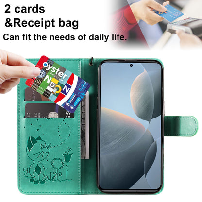 For Xiaomi 14T Cat and Bee Embossed Flip Leather Phone Case Wallet Cover with Card Slots Cash Pocket Magnetic Stand Protective Shockproof TPU PU Leather Case with Wrist Strap