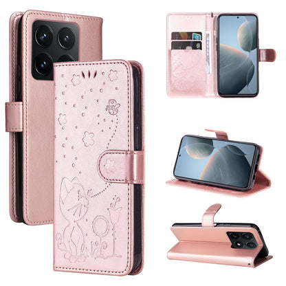 For Xiaomi 14T Cat and Bee Embossed Flip Leather Phone Case Wallet Cover with Card Slots Cash Pocket Magnetic Stand Protective Shockproof TPU PU Leather Case with Wrist Strap