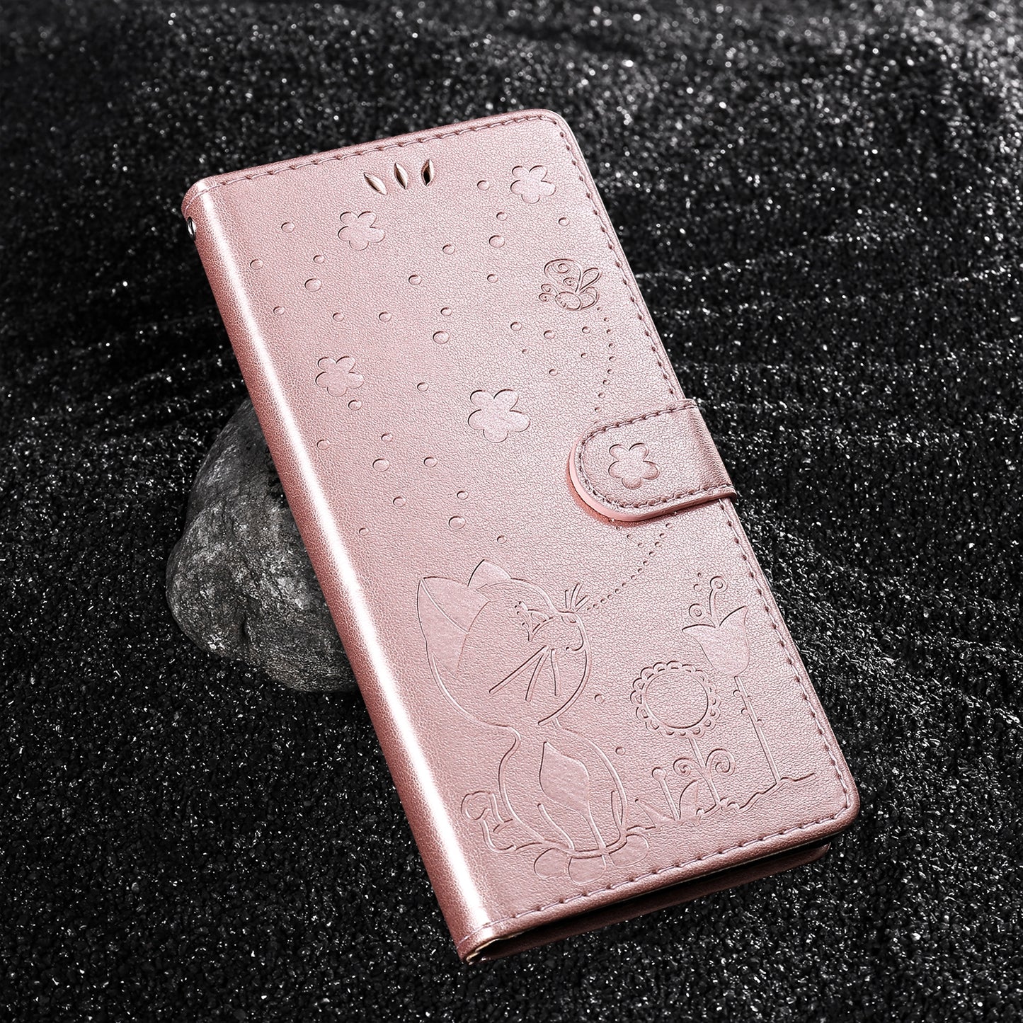 For Xiaomi 14T Cat and Bee Embossed Flip Leather Phone Case Wallet Cover with Card Slots Cash Pocket Magnetic Stand Protective Shockproof TPU PU Leather Case with Wrist Strap