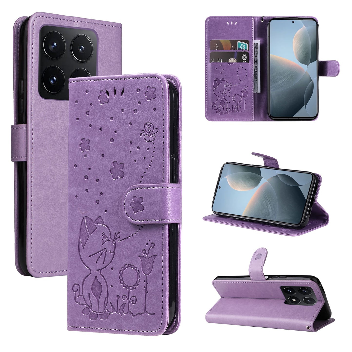 For Xiaomi 14T Cat and Bee Embossed Flip Leather Phone Case Wallet Cover with Card Slots Cash Pocket Magnetic Stand Protective Shockproof TPU PU Leather Case with Wrist Strap