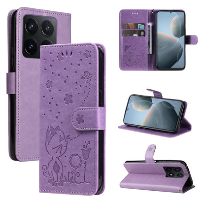 For Xiaomi 14T Cat and Bee Embossed Flip Leather Phone Case Wallet Cover with Card Slots Cash Pocket Magnetic Stand Protective Shockproof TPU PU Leather Case with Wrist Strap
