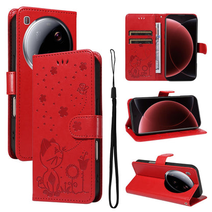 For Xiaomi 15 Ultra 5G Cat and Bee Embossed Flip Leather Phone Case Wallet Cover with Card Slots Cash Pocket Magnetic Stand Protective Shockproof TPU PU Leather Case with Wrist Strap