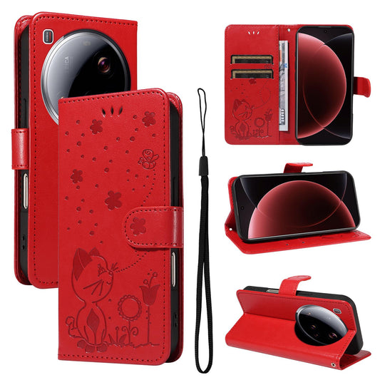 For Xiaomi 15 Ultra 5G Cat and Bee Embossed Flip Leather Phone Case Wallet Cover with Card Slots Cash Pocket Magnetic Stand Protective Shockproof TPU PU Leather Case with Wrist Strap