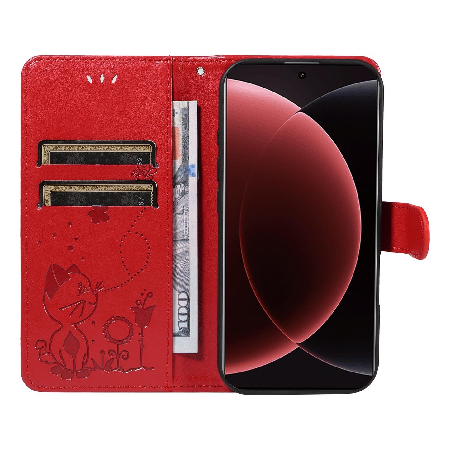 For Xiaomi 15 Ultra 5G Cat and Bee Embossed Flip Leather Phone Case Wallet Cover with Card Slots Cash Pocket Magnetic Stand Protective Shockproof TPU PU Leather Case with Wrist Strap