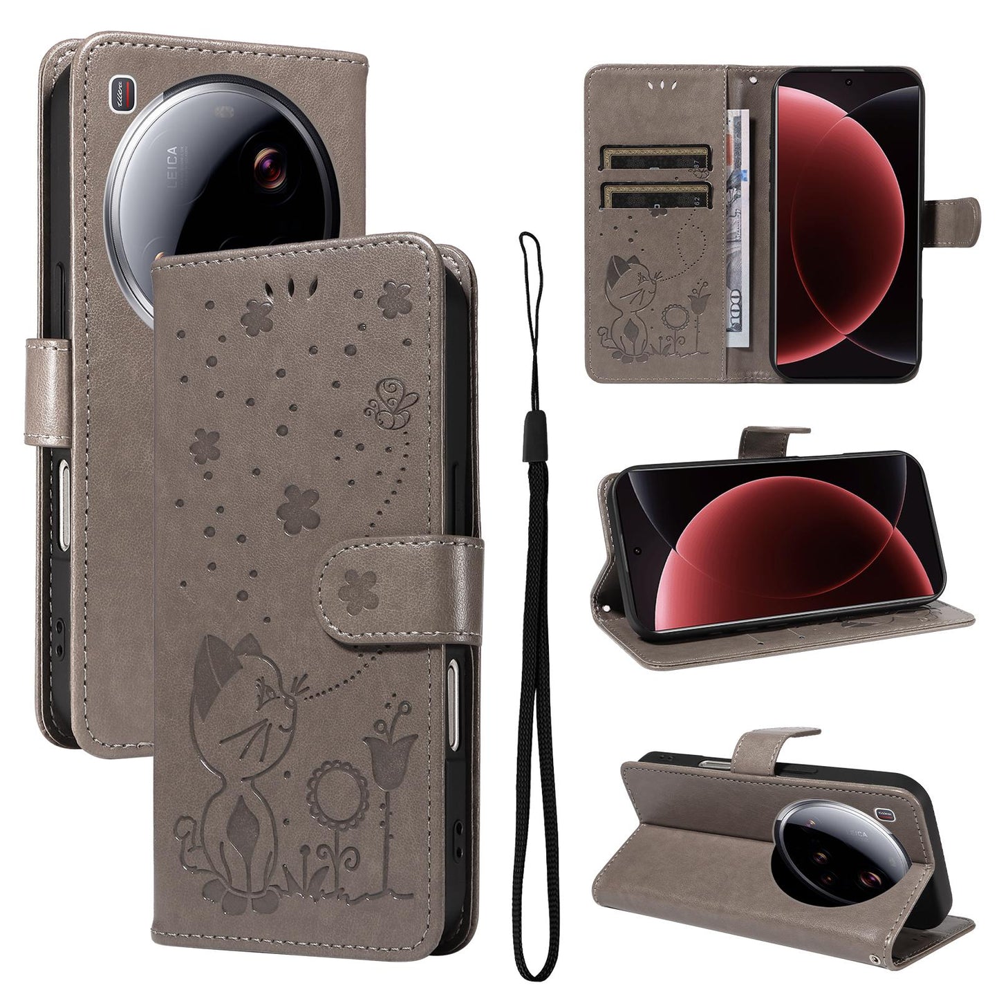 For Xiaomi 15 Ultra 5G Cat and Bee Embossed Flip Leather Phone Case Wallet Cover with Card Slots Cash Pocket Magnetic Stand Protective Shockproof TPU PU Leather Case with Wrist Strap