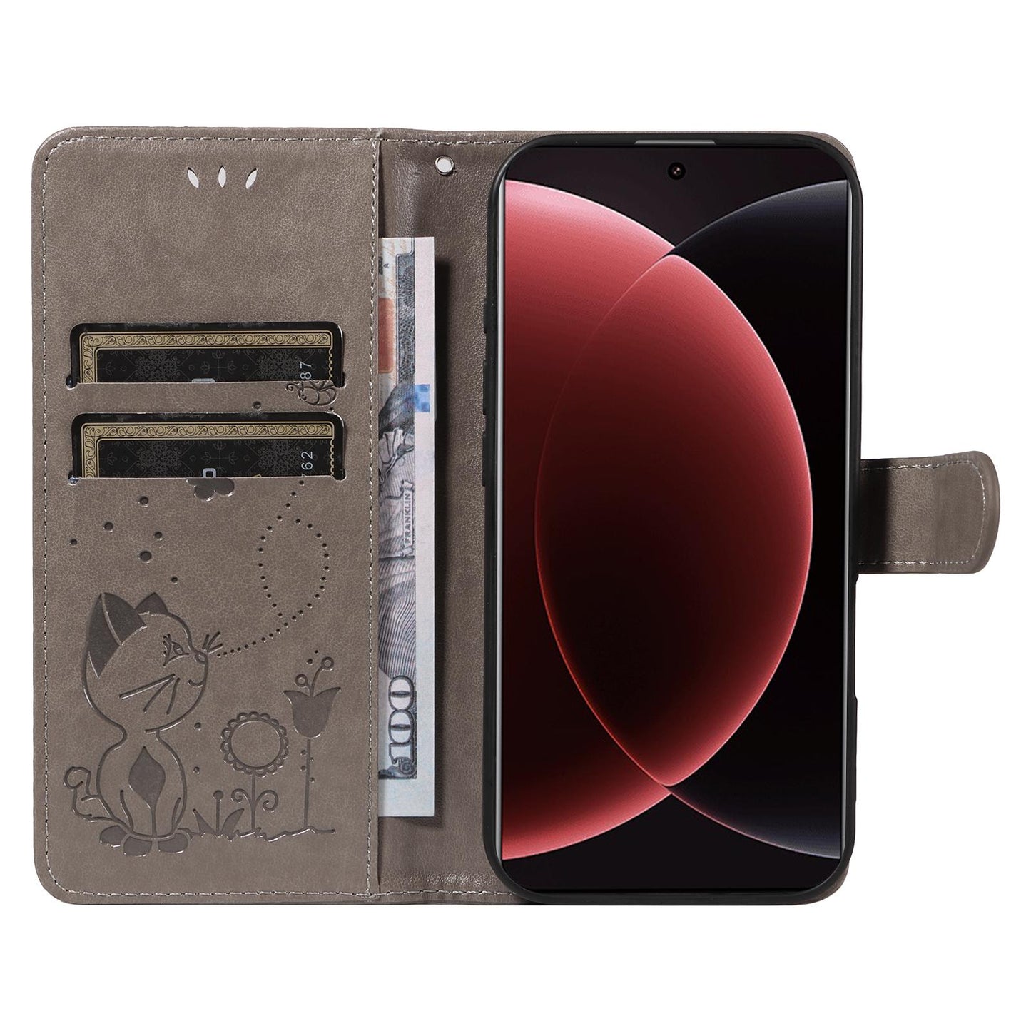 For Xiaomi 15 Ultra 5G Cat and Bee Embossed Flip Leather Phone Case Wallet Cover with Card Slots Cash Pocket Magnetic Stand Protective Shockproof TPU PU Leather Case with Wrist Strap