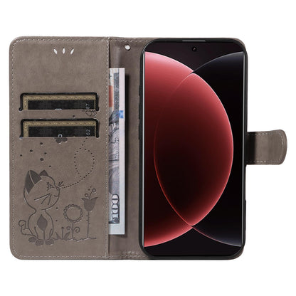 For Xiaomi 15 Ultra 5G Cat and Bee Embossed Flip Leather Phone Case Wallet Cover with Card Slots Cash Pocket Magnetic Stand Protective Shockproof TPU PU Leather Case with Wrist Strap