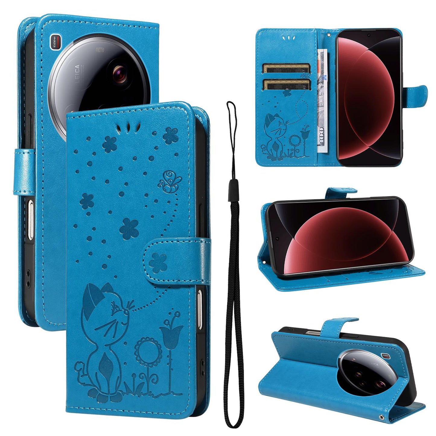 For Xiaomi 15 Ultra 5G Cat and Bee Embossed Flip Leather Phone Case Wallet Cover with Card Slots Cash Pocket Magnetic Stand Protective Shockproof TPU PU Leather Case with Wrist Strap