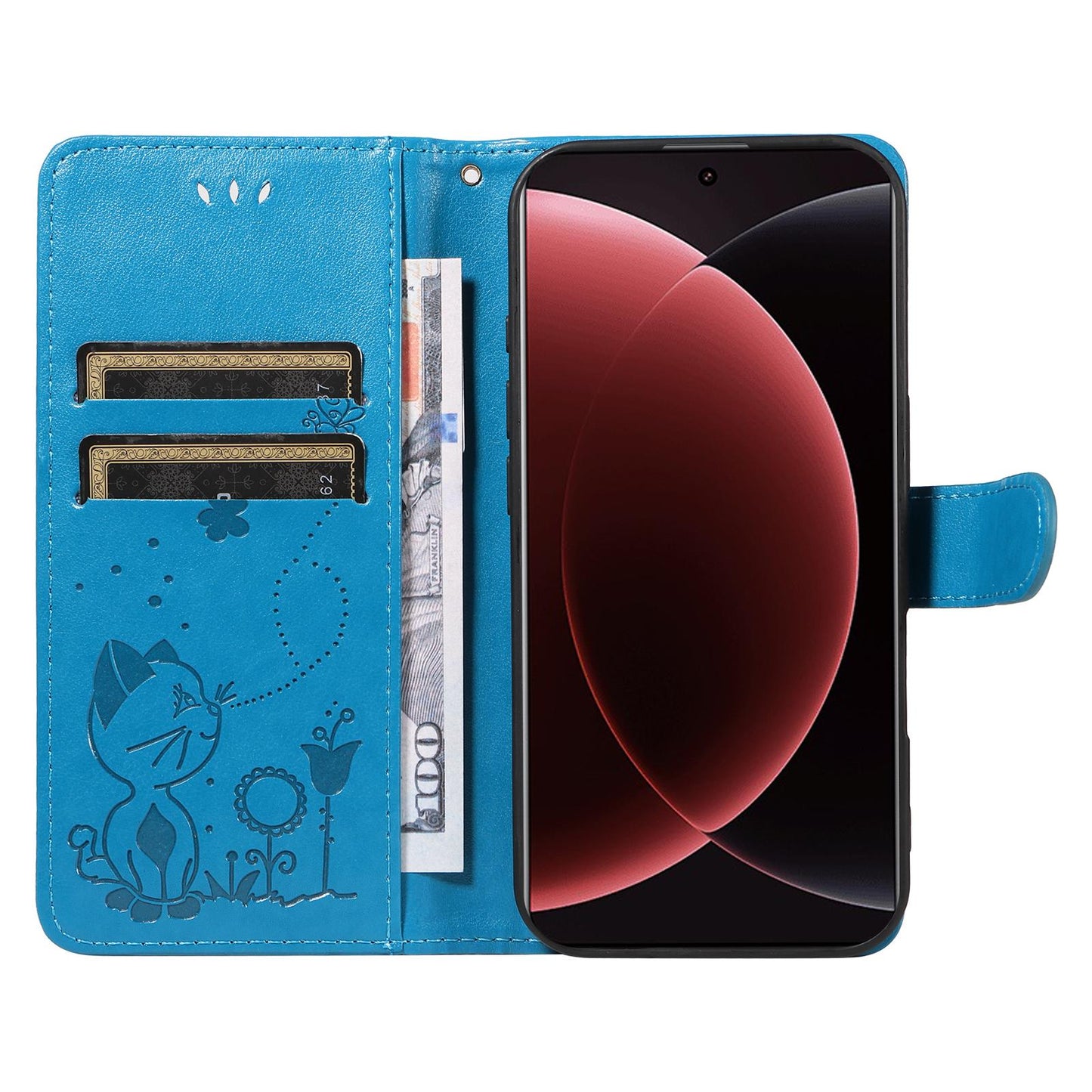 For Xiaomi 15 Ultra 5G Cat and Bee Embossed Flip Leather Phone Case Wallet Cover with Card Slots Cash Pocket Magnetic Stand Protective Shockproof TPU PU Leather Case with Wrist Strap