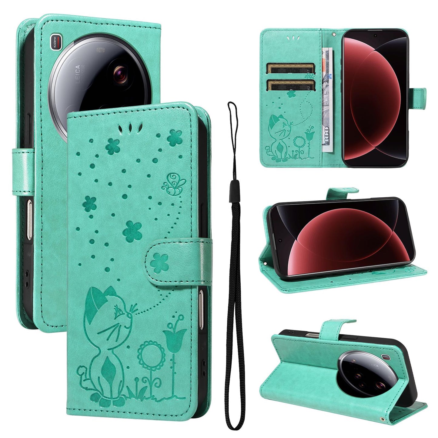 For Xiaomi 15 Ultra 5G Cat and Bee Embossed Flip Leather Phone Case Wallet Cover with Card Slots Cash Pocket Magnetic Stand Protective Shockproof TPU PU Leather Case with Wrist Strap