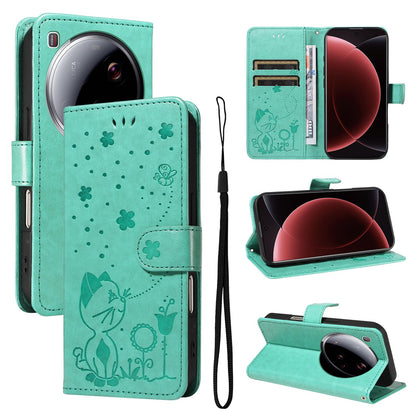 For Xiaomi 15 Ultra 5G Cat and Bee Embossed Flip Leather Phone Case Wallet Cover with Card Slots Cash Pocket Magnetic Stand Protective Shockproof TPU PU Leather Case with Wrist Strap