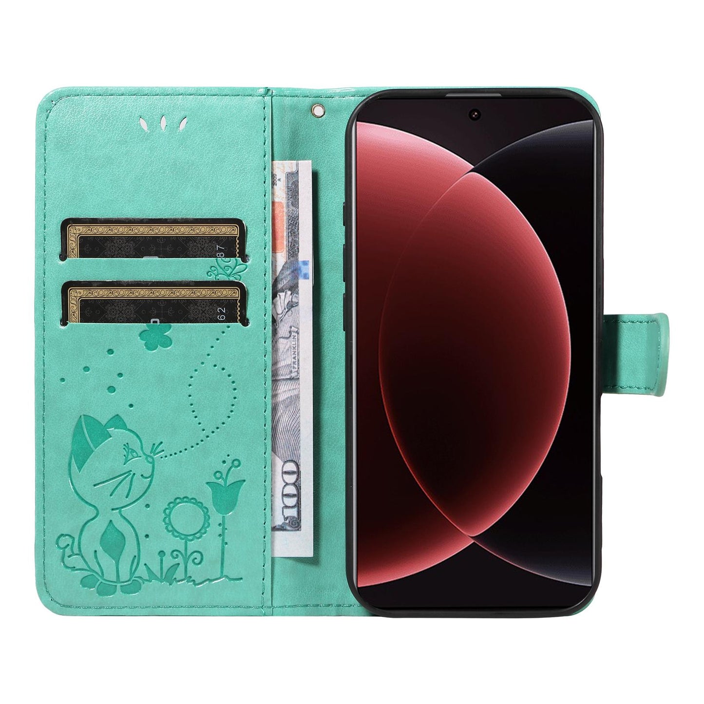 For Xiaomi 15 Ultra 5G Cat and Bee Embossed Flip Leather Phone Case Wallet Cover with Card Slots Cash Pocket Magnetic Stand Protective Shockproof TPU PU Leather Case with Wrist Strap